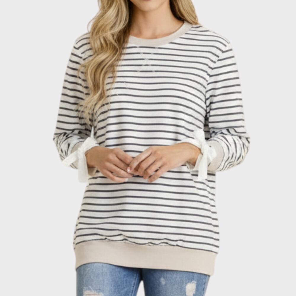 Doe & Rae Large Striped Sweatshirt Cotton Poly Spandex Gray with Black Stripe